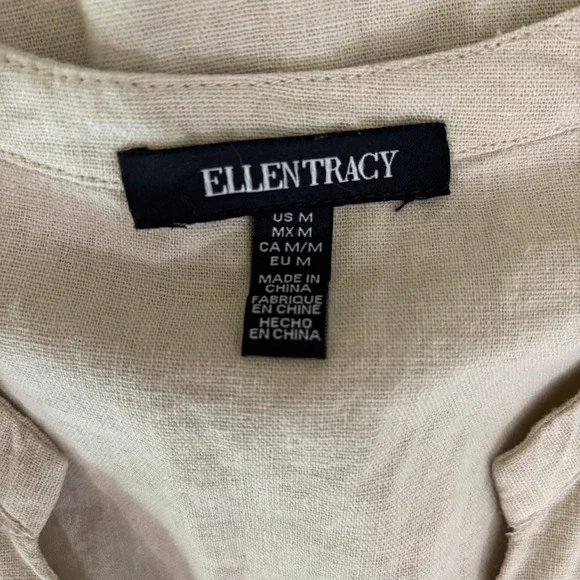 Ellen Tracy Womens Button Front Linen Blend Top Shirt Beige M Medium Casual Chic - Picture 7 of 8
